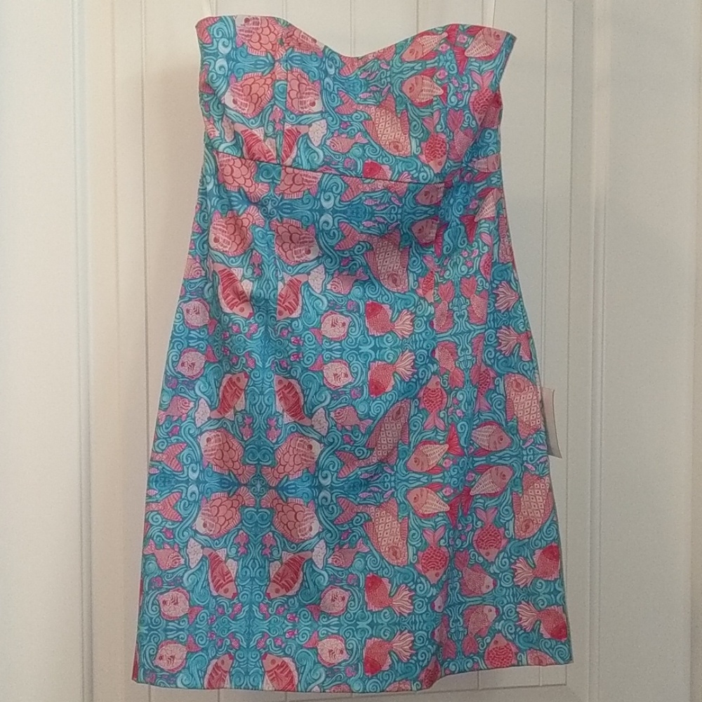 NWT Kaeli Smith fish strapless dress,8,blue, pink